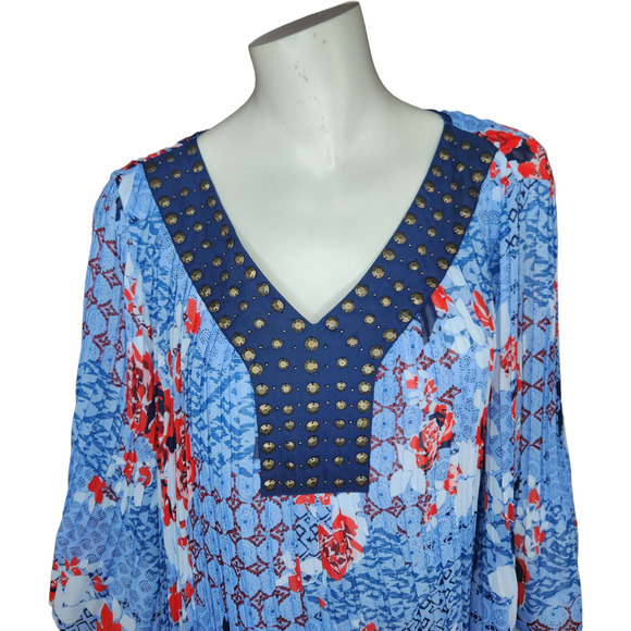 Woman Within‎ Blue Red floral CRINKLE peasant top 18/20 1X Beaded Neckline - Picture 10 of 12